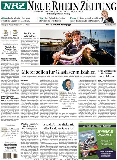 Titelbild der Ausgabe 194/2025 von NRZ Neue Ruhr Zeitung Rheinberg. Diese Zeitschrift und viele weitere Zeitungsabos als Abo oder epaper bei United Kiosk online kaufen.