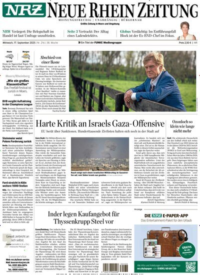 Titelbild der Ausgabe 216/2025 von NRZ Neue Ruhr Zeitung Rheinberg. Diese Zeitschrift und viele weitere Zeitungsabos als Abo oder epaper bei United Kiosk online kaufen.
