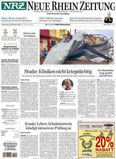 Titelbild der Ausgabe 252/2025 von NRZ Neue Ruhr Zeitung Rheinberg. Diese Zeitschrift und viele weitere Zeitungsabos als Abo oder epaper bei United Kiosk online kaufen.