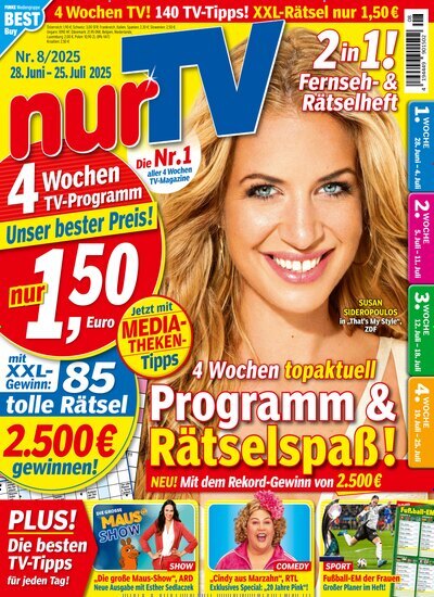 Titelbild der Ausgabe 8/2025 von nurTV. Diese Zeitschrift und viele weitere Programmzeitschriften als Abo oder epaper bei United Kiosk online kaufen.