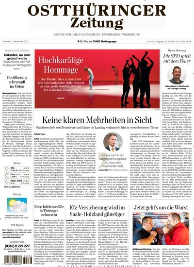 Titelbild der Ausgabe 205/2025 von Ostthüringer Zeitung Gera. Diese Zeitschrift und viele weitere Zeitungsabos als Abo oder epaper bei United Kiosk online kaufen.