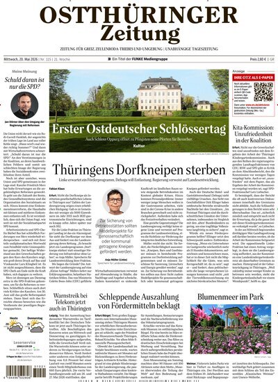 Titelbild der Ausgabe 115/2026 von Ostthüringer Zeitung Greiz. Diese Zeitschrift und viele weitere Zeitungsabos als Abo oder epaper bei United Kiosk online kaufen.