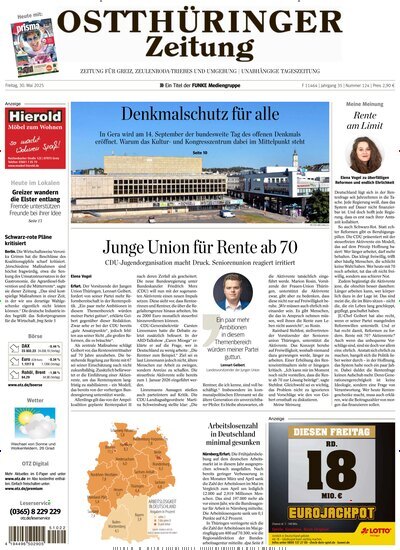 Titelbild der Ausgabe 124/2025 von Ostthüringer Zeitung Greiz. Diese Zeitschrift und viele weitere Zeitungsabos als Abo oder epaper bei United Kiosk online kaufen.