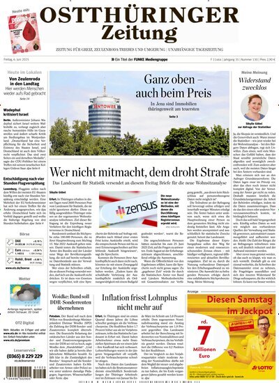 Titelbild der Ausgabe 130/2025 von Ostthüringer Zeitung Greiz. Diese Zeitschrift und viele weitere Zeitungsabos als Abo oder epaper bei United Kiosk online kaufen.