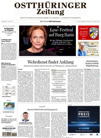 Titelbild der Ausgabe 131/2025 von Ostthüringer Zeitung Greiz. Diese Zeitschrift und viele weitere Zeitungsabos als Abo oder epaper bei United Kiosk online kaufen.