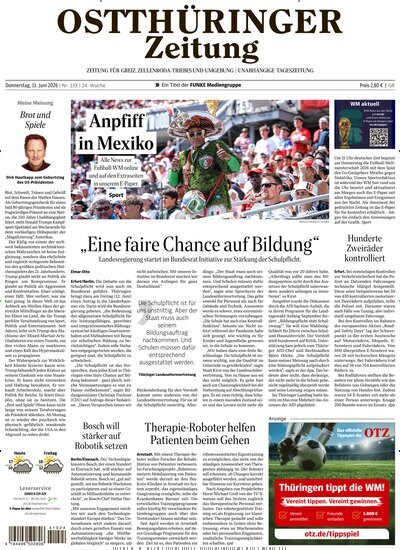 Titelbild der Ausgabe 133/2026 von Ostthüringer Zeitung Greiz. Diese Zeitschrift und viele weitere Zeitungsabos als Abo oder epaper bei United Kiosk online kaufen.