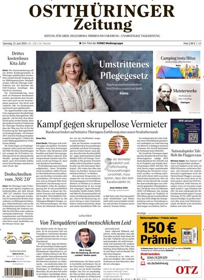 Titelbild der Ausgabe 135/2026 von Ostthüringer Zeitung Greiz. Diese Zeitschrift und viele weitere Zeitungsabos als Abo oder epaper bei United Kiosk online kaufen.