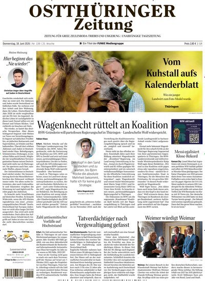Titelbild der Ausgabe 139/2026 von Ostthüringer Zeitung Greiz. Diese Zeitschrift und viele weitere Zeitungsabos als Abo oder epaper bei United Kiosk online kaufen.