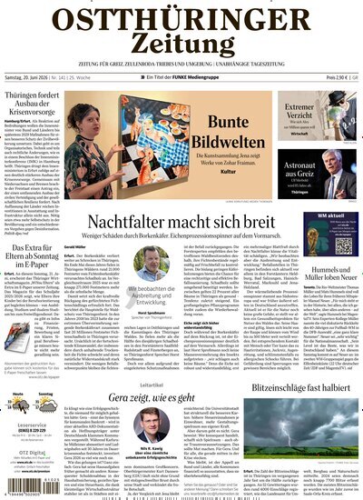 Titelbild der Ausgabe 141/2026 von Ostthüringer Zeitung Greiz. Diese Zeitschrift und viele weitere Zeitungsabos als Abo oder epaper bei United Kiosk online kaufen.