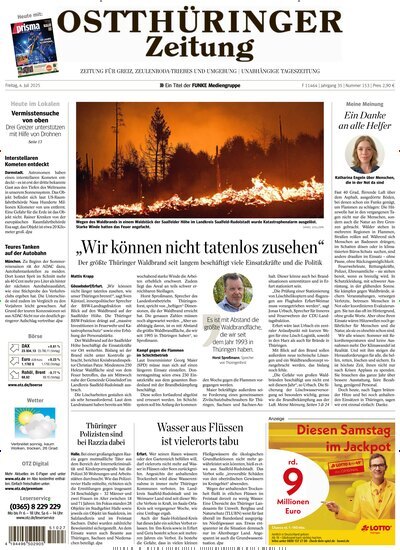 Titelbild der Ausgabe 153/2025 von Ostthüringer Zeitung Greiz. Diese Zeitschrift und viele weitere Zeitungsabos als Abo oder epaper bei United Kiosk online kaufen.