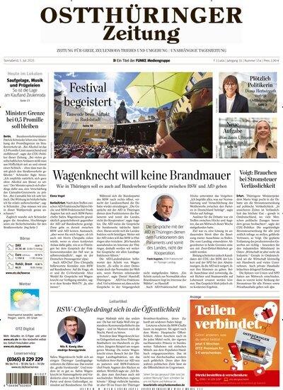 Titelbild der Ausgabe 154/2025 von Ostthüringer Zeitung Greiz. Diese Zeitschrift und viele weitere Zeitungsabos als Abo oder epaper bei United Kiosk online kaufen.