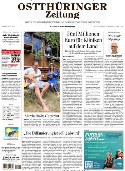 Titelbild der Ausgabe 163/2025 von Ostthüringer Zeitung Greiz. Diese Zeitschrift und viele weitere Zeitungsabos als Abo oder epaper bei United Kiosk online kaufen.