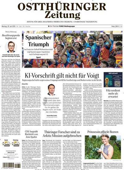 Titelbild der Ausgabe 166/2026 von Ostthüringer Zeitung Greiz. Diese Zeitschrift und viele weitere Zeitungsabos als Abo oder epaper bei United Kiosk online kaufen.