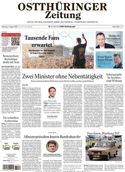 Titelbild der Ausgabe 177/2026 von Ostthüringer Zeitung Greiz. Diese Zeitschrift und viele weitere Zeitungsabos als Abo oder epaper bei United Kiosk online kaufen.