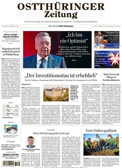 Titelbild der Ausgabe 259/2025 von Ostthüringer Zeitung Greiz. Diese Zeitschrift und viele weitere Zeitungsabos als Abo oder epaper bei United Kiosk online kaufen.