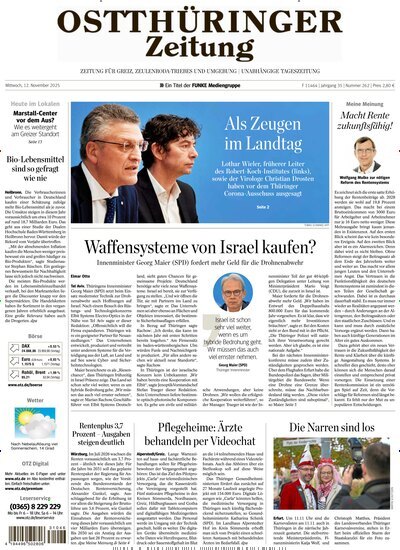 Titelbild der Ausgabe 262/2025 von Ostthüringer Zeitung Greiz. Diese Zeitschrift und viele weitere Zeitungsabos als Abo oder epaper bei United Kiosk online kaufen.