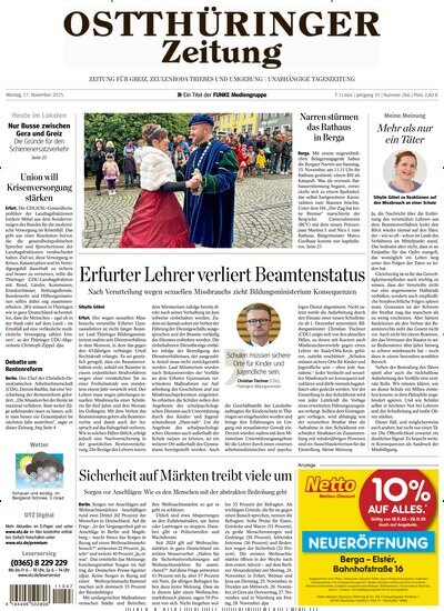 Titelbild der Ausgabe 266/2025 von Ostthüringer Zeitung Greiz. Diese Zeitschrift und viele weitere Zeitungsabos als Abo oder epaper bei United Kiosk online kaufen.