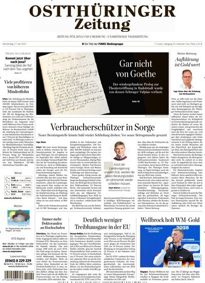 Titelbild der Ausgabe 164/2025 von Ostthüringer Zeitung Jena. Diese Zeitschrift und viele weitere Zeitungsabos als Abo oder epaper bei United Kiosk online kaufen.