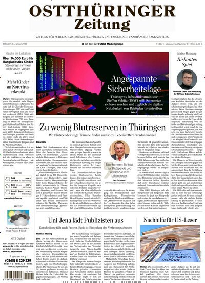 Titelbild der Ausgabe 11/2026 von Ostthüringer Zeitung Pößneck. Diese Zeitschrift und viele weitere Zeitungsabos als Abo oder epaper bei United Kiosk online kaufen.