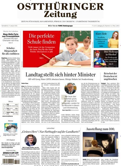Titelbild der Ausgabe 14/2026 von Ostthüringer Zeitung Pößneck. Diese Zeitschrift und viele weitere Zeitungsabos als Abo oder epaper bei United Kiosk online kaufen.