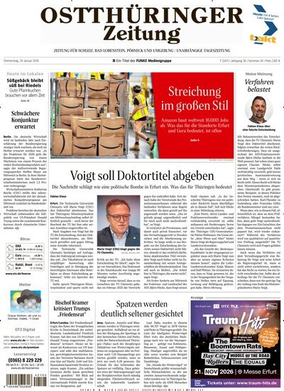 Titelbild der Ausgabe 24/2026 von Ostthüringer Zeitung Pößneck. Diese Zeitschrift und viele weitere Zeitungsabos als Abo oder epaper bei United Kiosk online kaufen.