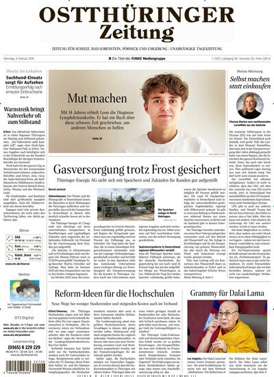 Titelbild der Ausgabe 28/2026 von Ostthüringer Zeitung Pößneck. Diese Zeitschrift und viele weitere Zeitungsabos als Abo oder epaper bei United Kiosk online kaufen.