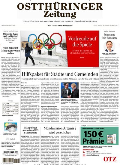 Titelbild der Ausgabe 29/2026 von Ostthüringer Zeitung Pößneck. Diese Zeitschrift und viele weitere Zeitungsabos als Abo oder epaper bei United Kiosk online kaufen.