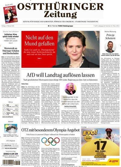 Titelbild der Ausgabe 31/2026 von Ostthüringer Zeitung Pößneck. Diese Zeitschrift und viele weitere Zeitungsabos als Abo oder epaper bei United Kiosk online kaufen.