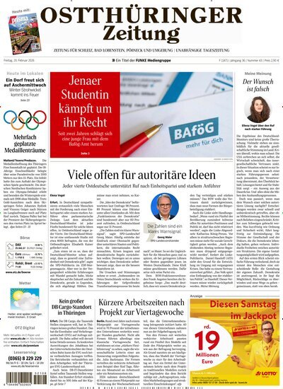 Titelbild der Ausgabe 43/2026 von Ostthüringer Zeitung Pößneck. Diese Zeitschrift und viele weitere Zeitungsabos als Abo oder epaper bei United Kiosk online kaufen.