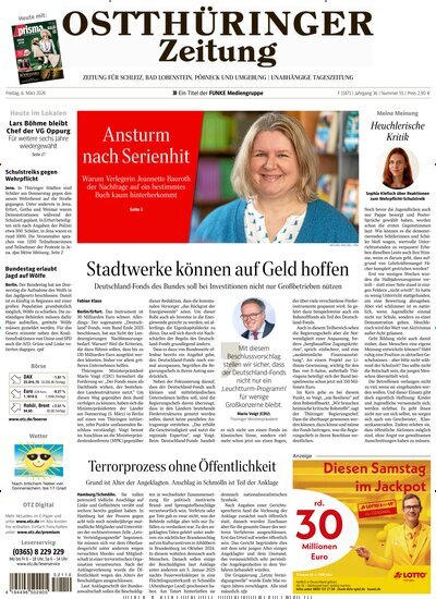 Titelbild der Ausgabe 55/2026 von Ostthüringer Zeitung Pößneck. Diese Zeitschrift und viele weitere Zeitungsabos als Abo oder epaper bei United Kiosk online kaufen.