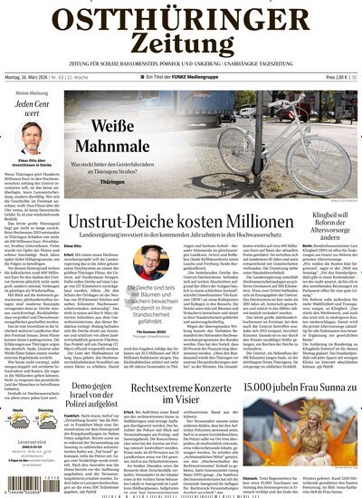 Titelbild der Ausgabe 63/2026 von Ostthüringer Zeitung Pößneck. Diese Zeitschrift und viele weitere Zeitungsabos als Abo oder epaper bei United Kiosk online kaufen.