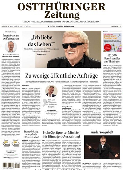 Titelbild der Ausgabe 64/2026 von Ostthüringer Zeitung Pößneck. Diese Zeitschrift und viele weitere Zeitungsabos als Abo oder epaper bei United Kiosk online kaufen.