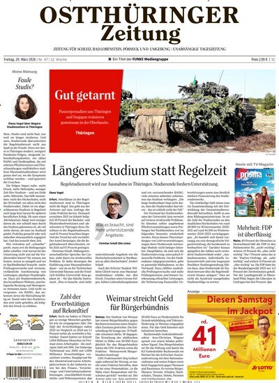 Titelbild der Ausgabe 67/2026 von Ostthüringer Zeitung Pößneck. Diese Zeitschrift und viele weitere Zeitungsabos als Abo oder epaper bei United Kiosk online kaufen.