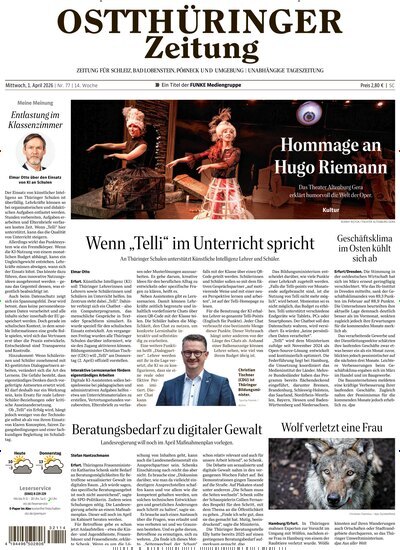Titelbild der Ausgabe 77/2026 von Ostthüringer Zeitung Pößneck. Diese Zeitschrift und viele weitere Zeitungsabos als Abo oder epaper bei United Kiosk online kaufen.