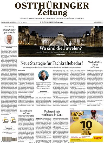Titelbild der Ausgabe 78/2026 von Ostthüringer Zeitung Pößneck. Diese Zeitschrift und viele weitere Zeitungsabos als Abo oder epaper bei United Kiosk online kaufen.