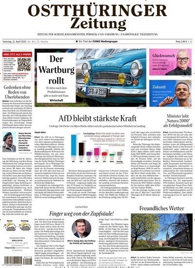 Titelbild der Ausgabe 84/2026 von Ostthüringer Zeitung Pößneck. Diese Zeitschrift und viele weitere Zeitungsabos als Abo oder epaper bei United Kiosk online kaufen.