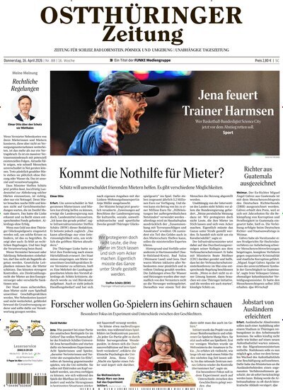Titelbild der Ausgabe 88/2026 von Ostthüringer Zeitung Pößneck. Diese Zeitschrift und viele weitere Zeitungsabos als Abo oder epaper bei United Kiosk online kaufen.