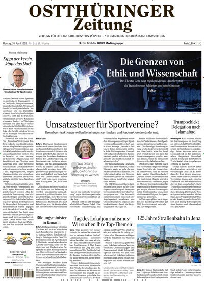 Titelbild der Ausgabe 91/2026 von Ostthüringer Zeitung Pößneck. Diese Zeitschrift und viele weitere Zeitungsabos als Abo oder epaper bei United Kiosk online kaufen.