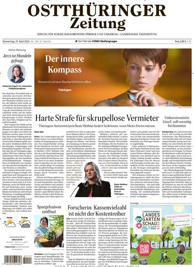 Titelbild der Ausgabe 94/2026 von Ostthüringer Zeitung Pößneck. Diese Zeitschrift und viele weitere Zeitungsabos als Abo oder epaper bei United Kiosk online kaufen.