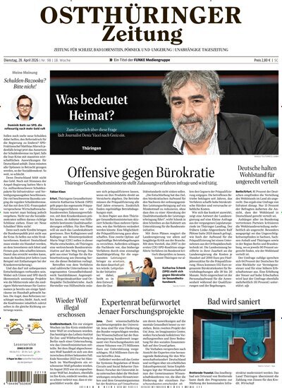 Titelbild der Ausgabe 98/2026 von Ostthüringer Zeitung Pößneck. Diese Zeitschrift und viele weitere Zeitungsabos als Abo oder epaper bei United Kiosk online kaufen.