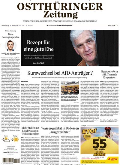 Titelbild der Ausgabe 100/2026 von Ostthüringer Zeitung Pößneck. Diese Zeitschrift und viele weitere Zeitungsabos als Abo oder epaper bei United Kiosk online kaufen.