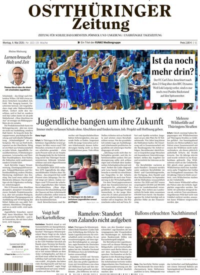 Titelbild der Ausgabe 102/2026 von Ostthüringer Zeitung Pößneck. Diese Zeitschrift und viele weitere Zeitungsabos als Abo oder epaper bei United Kiosk online kaufen.