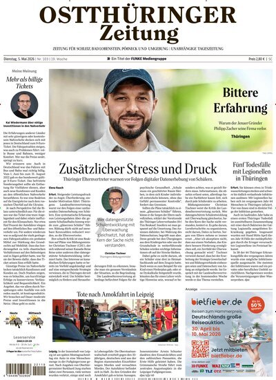 Titelbild der Ausgabe 103/2026 von Ostthüringer Zeitung Pößneck. Diese Zeitschrift und viele weitere Zeitungsabos als Abo oder epaper bei United Kiosk online kaufen.