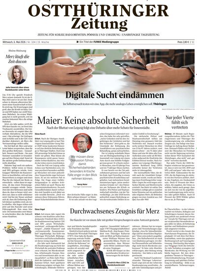 Titelbild der Ausgabe 104/2026 von Ostthüringer Zeitung Pößneck. Diese Zeitschrift und viele weitere Zeitungsabos als Abo oder epaper bei United Kiosk online kaufen.