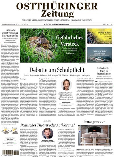 Titelbild der Ausgabe 112/2026 von Ostthüringer Zeitung Pößneck. Diese Zeitschrift und viele weitere Zeitungsabos als Abo oder epaper bei United Kiosk online kaufen.