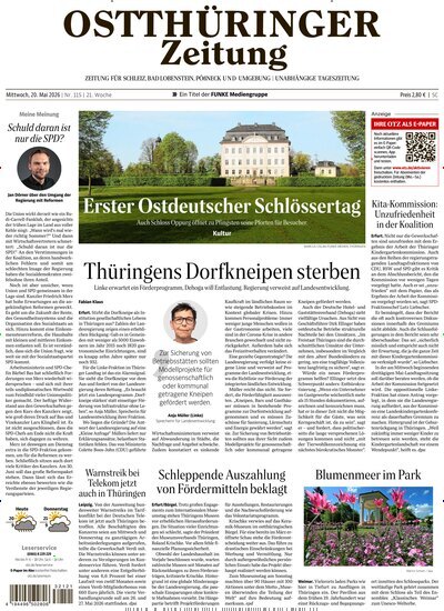 Titelbild der Ausgabe 115/2026 von Ostthüringer Zeitung Pößneck. Diese Zeitschrift und viele weitere Zeitungsabos als Abo oder epaper bei United Kiosk online kaufen.