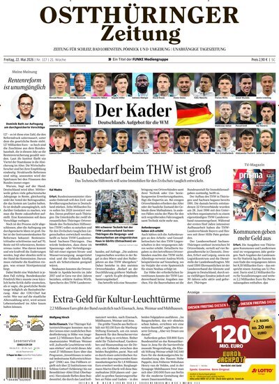 Titelbild der Ausgabe 117/2026 von Ostthüringer Zeitung Pößneck. Diese Zeitschrift und viele weitere Zeitungsabos als Abo oder epaper bei United Kiosk online kaufen.
