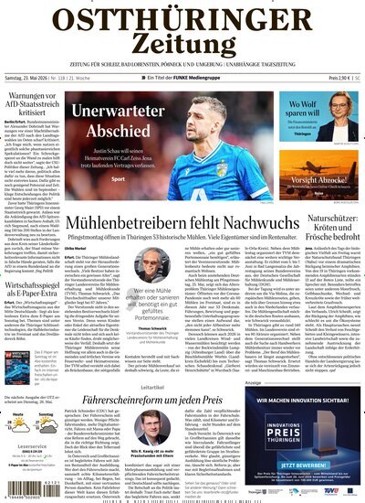 Titelbild der Ausgabe 118/2026 von Ostthüringer Zeitung Pößneck. Diese Zeitschrift und viele weitere Zeitungsabos als Abo oder epaper bei United Kiosk online kaufen.