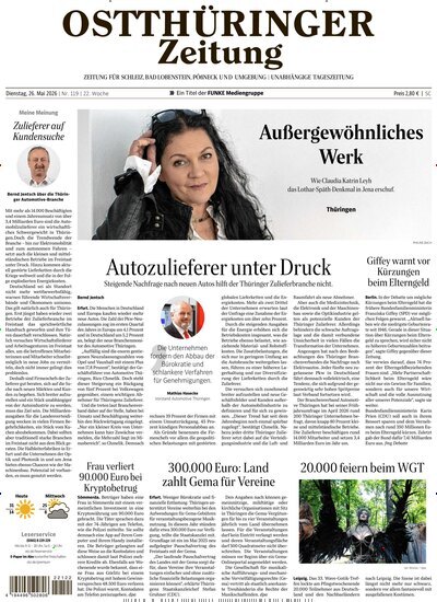 Titelbild der Ausgabe 119/2026 von Ostthüringer Zeitung Pößneck. Diese Zeitschrift und viele weitere Zeitungsabos als Abo oder epaper bei United Kiosk online kaufen.