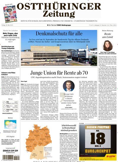 Titelbild der Ausgabe 124/2025 von Ostthüringer Zeitung Pößneck. Diese Zeitschrift und viele weitere Zeitungsabos als Abo oder epaper bei United Kiosk online kaufen.